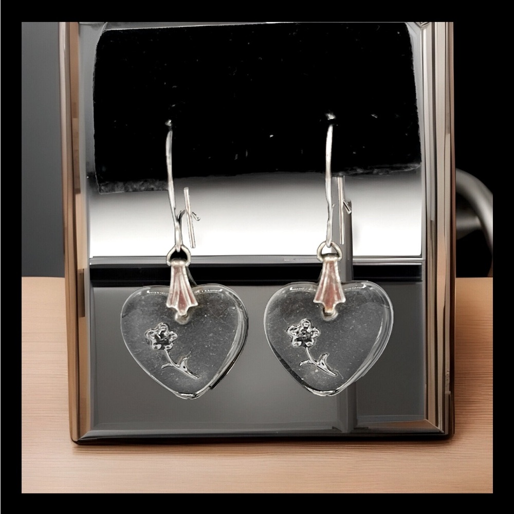 Vintage Sterling Silver And Lucite Heart Shaped Drop Earrings With Inserted Rose